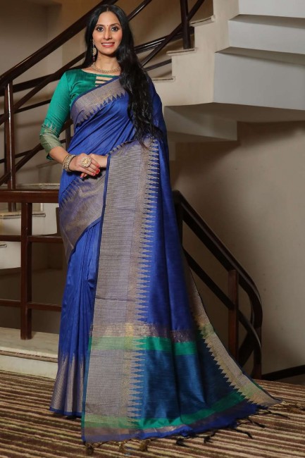 Weaving Raw silk Blue Banarasi Saree with Blouse