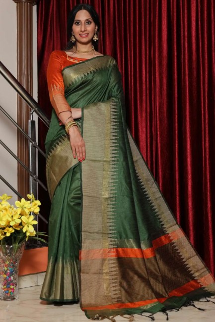 Raw silk Banarasi Saree with Weaving in Green