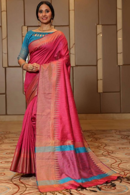 Pink Raw silk Banarasi Saree with Weaving