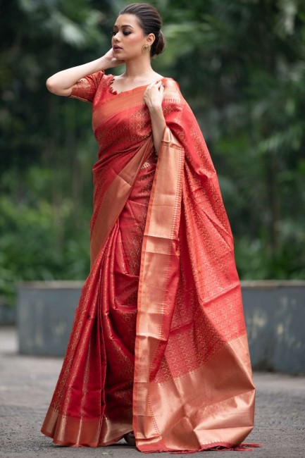 Red Zari Banarasi Saree in Banarasi silk