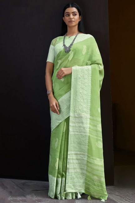 Linen South Indian Saree with Thread,weaving in Green