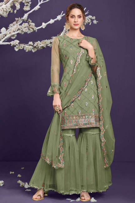 Embroidered Net Eid Sharara Suit in Pista  with Dupatta