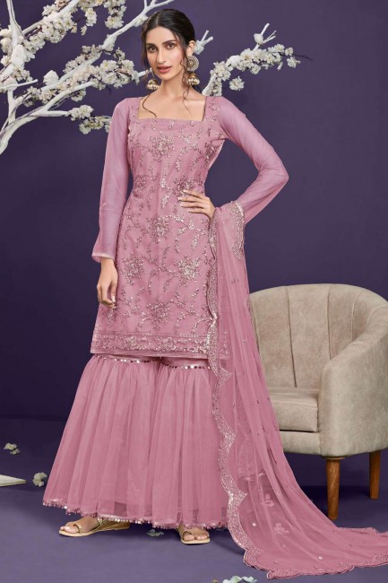 Baby pink Embroidered Net Eid Sharara Suit