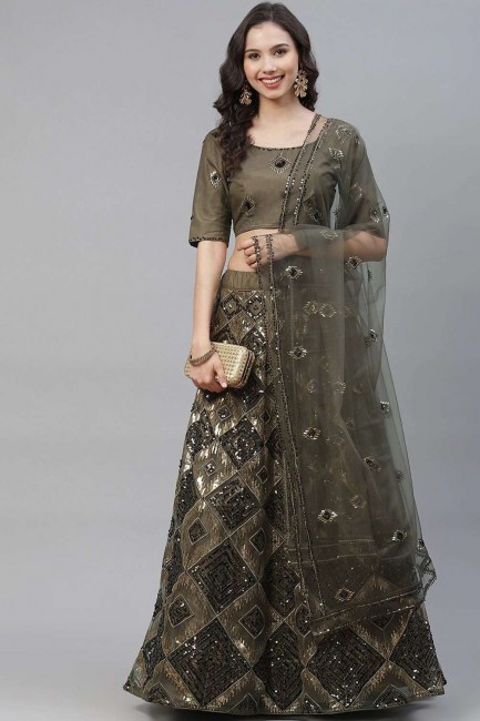 Olive green Embroidered Party Lehenga Suit in Net