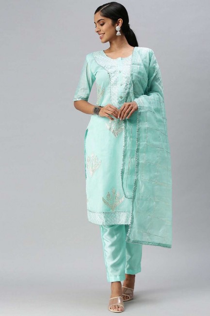 Embroidered Cotton Blue Salwar Kameez with Dupatta