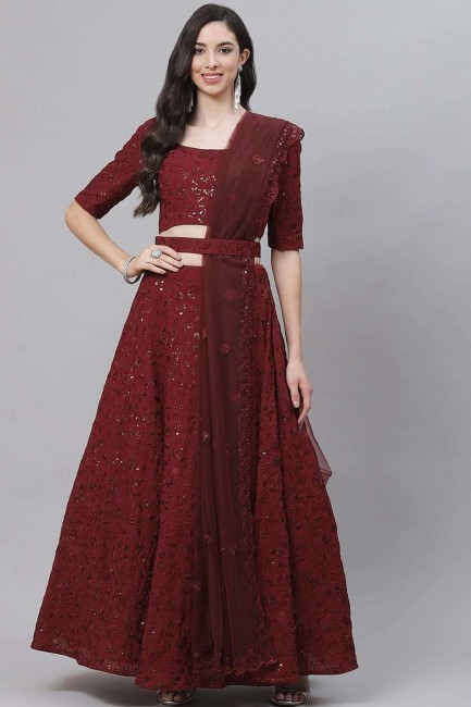 Maroon Party Lehenga Choli with Embroidered Georgette