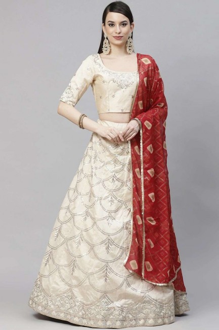 Embroidered Art silk Party Lehenga Choli in Beige with Dupatta