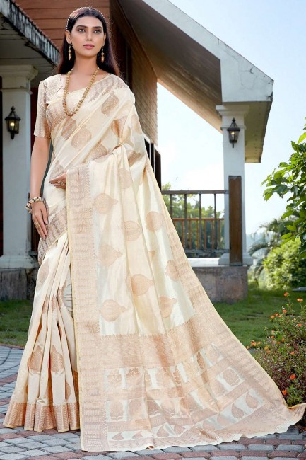 Off white Raw silk South Indian Saree with Zari,weaving