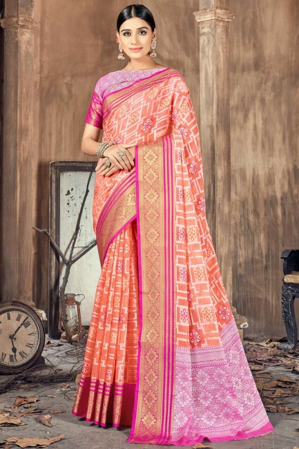 Cotton and silk Orange South Indian Saree in Weaving