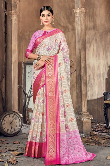 Beige South Indian Saree in Cotton and silk with Weaving