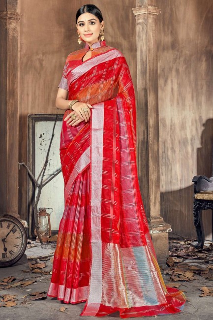 Red Cotton and silk South Indian Saree with Weaving