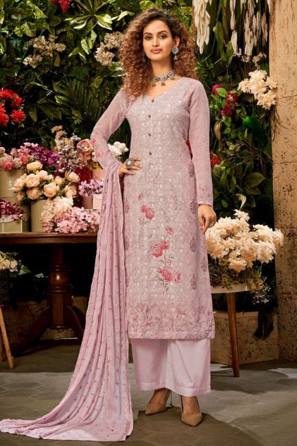 Palazzo Suit in Purple Georgette and viscose with Embroidered