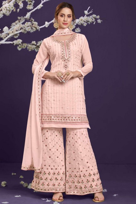 Peach Eid Palazzo Suit in Georgette with Embroidered