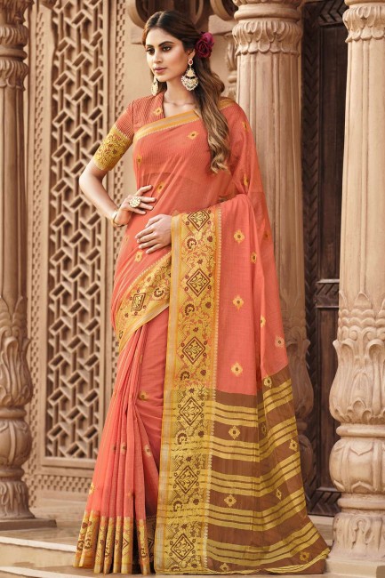 Weaving Cotton Peach Saree with Blouse