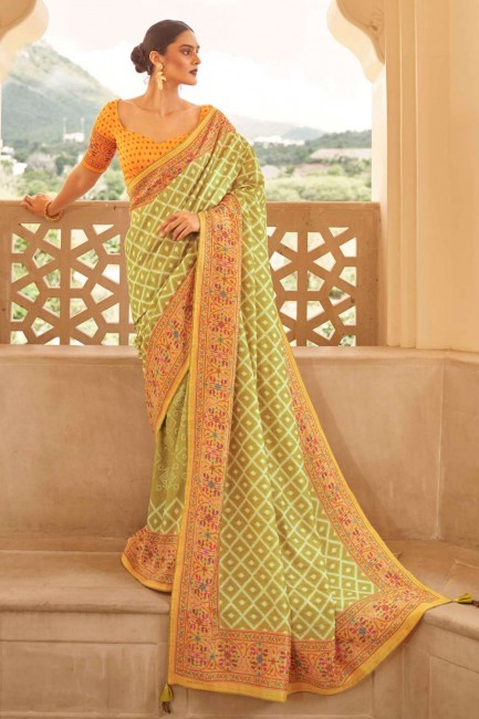 Green Patola silk in South Indian Sare with Zari,weaving,digital print