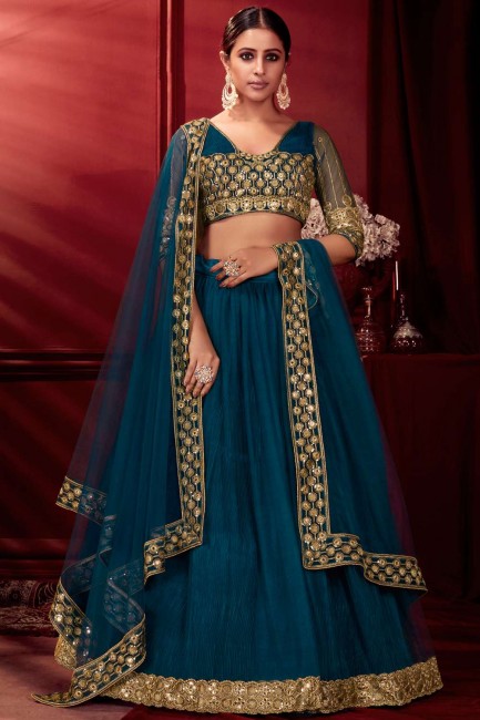 Net and satin Party Lehenga Choli in Dark teal blue with Embroidered