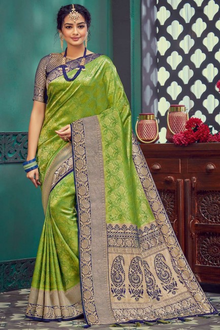 Weaving Silk Blue,green Saree with Blouse