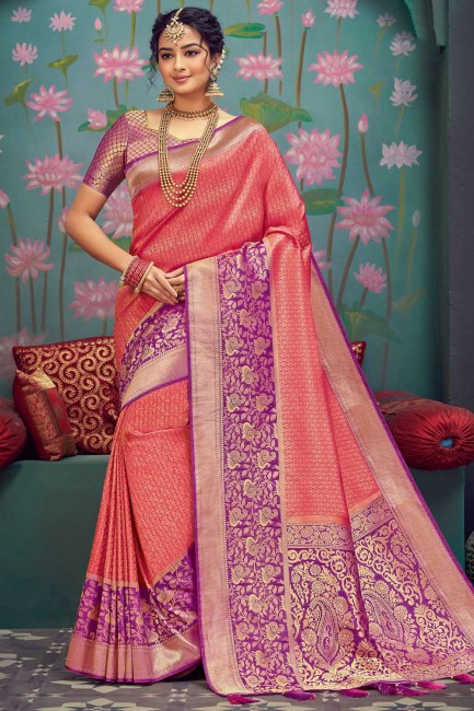 Purple,pink Saree in Weaving Silk