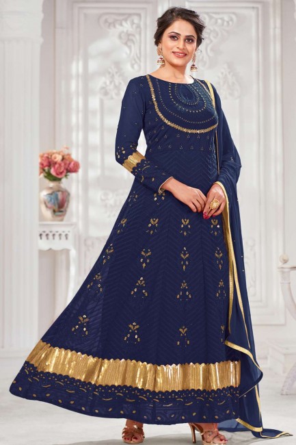 Eid Anarkali Suit in Blue Georgette with Embroidered