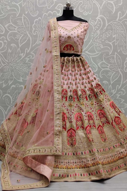 Pink Wedding Lehenga Choli in Silk Slub with Thread,Dori,Patch Embroidery,Diamond Work