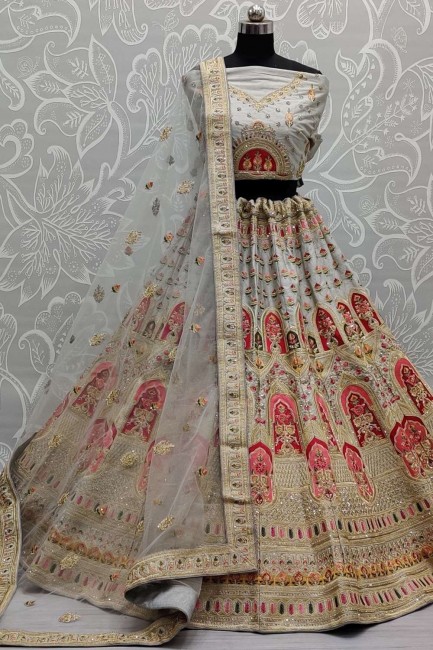 Grey Silk Slub Wedding Lehenga Choli with Thread,Dori,Patch Embroidery,Diamond Work