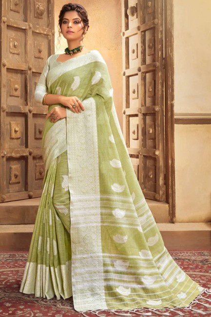 Cotton Linen Wevon Designer Olive saree with Blouse