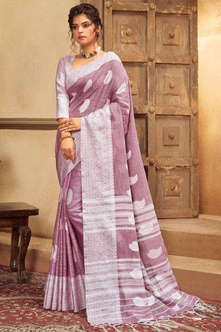 Purple saree in Wevon Designer Cotton Linen