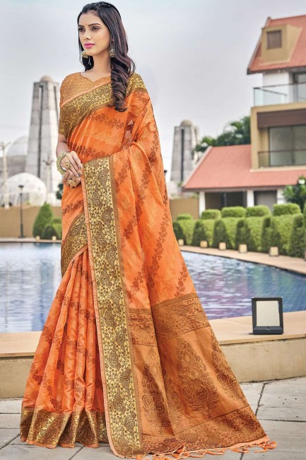 Organza saree in Orange with Wevon Rich Pallu Designer 