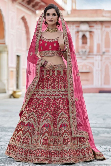Heavy Embroidery With Hand Work Velvet Wedding Lehenga Choli in Pink with Soft Net Dupatta