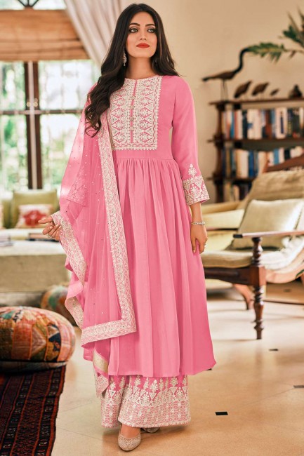 Pink Faux Georgette Multy Embroidery Work Palazzo Salwar kameez with Soft Net Dupatta