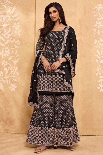 Black Sharara Suit in Faux Georgette with Heavy Designer Embroidery Work