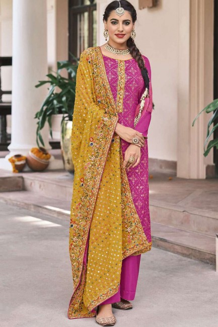 Faux Georgette Palazzo Salwar kameez with Heavy Designer Embroidery Work in Pink
