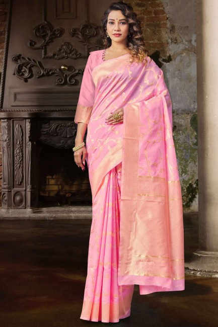 Pink Lichi Silk Wevon Self Designer South indian saree with Blouse