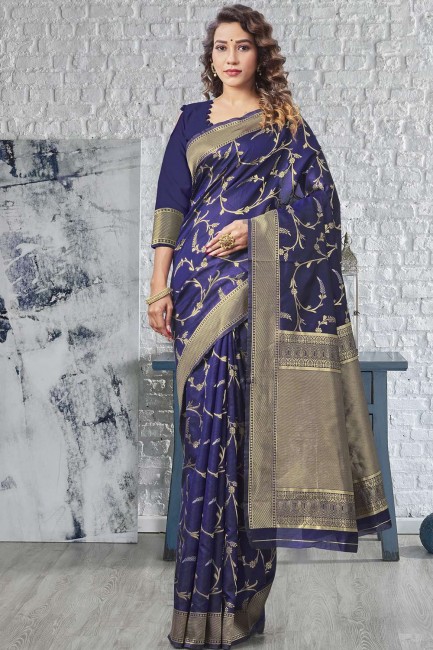 Blue South indian saree in Wevon Self Designer Lichi Silk