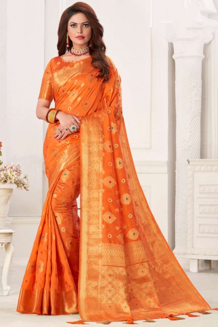Soft Silk Wevon Designer Rich Pallu Orange South indian saree with Blouse