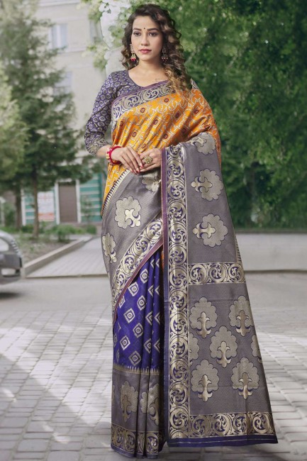 Blue saree in Lichi Silk with Heavy Wevon Designer
