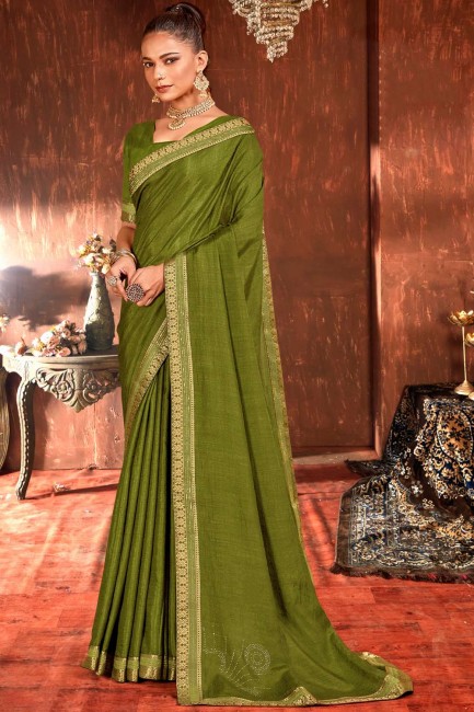 Olive saree with Sarovski Butta Designer Vichitra Silk