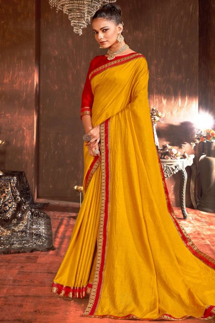 Yellow Sarovski Butta Designer Vichitra Silk saree