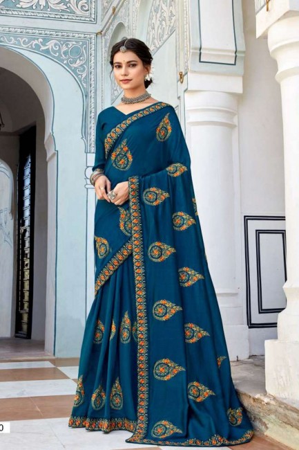 Morpeach saree in Butta Thread Embroidery Work Vichitra Silk