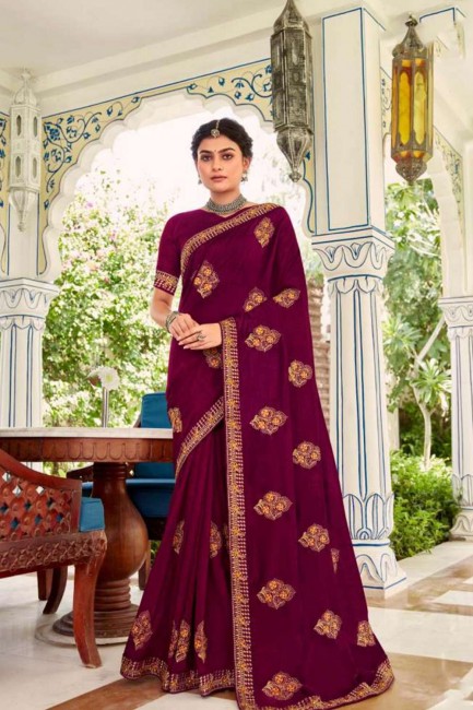 Vichitra Silk saree in Purple with Butta Thread Embroidery Work