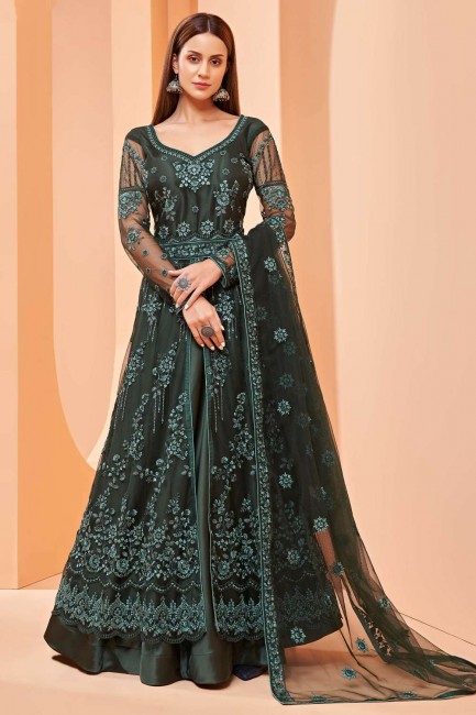 anarkali suit in Green Butterfly Net with Designer Floral,Sequance Embroidery Work