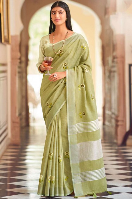 Olive saree in Linen with Wevon Designer,Embroidery Work