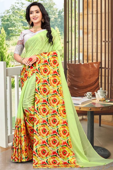 Green saree with Designer Printed,Mirror Work Chinon