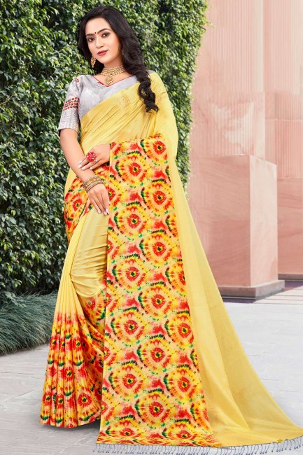 Chinon saree with Designer Printed,Mirror Work in Yellow