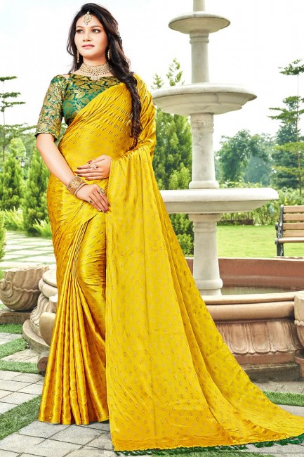 Yellow saree in Satin Georgette with Wevon With Mirror Work,Printed