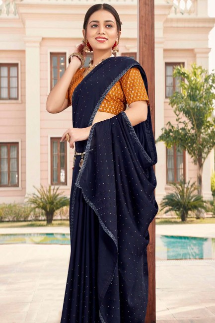 Blue Satin Stone Work,Embroidery Blouse saree with Blouse