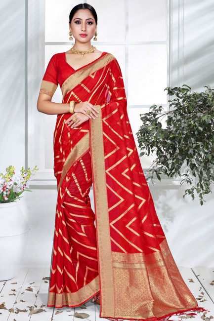 Red Organza Heavy Weaving Designer Work saree with Blouse