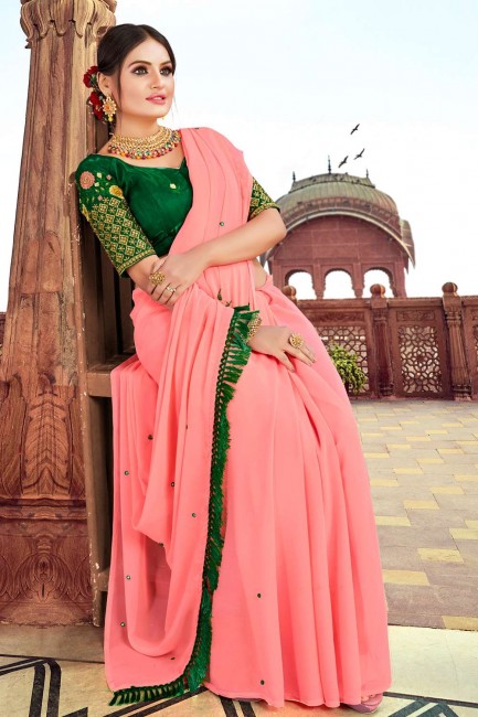 saree in Pink Georgette with Mirror,Embroidery Work
