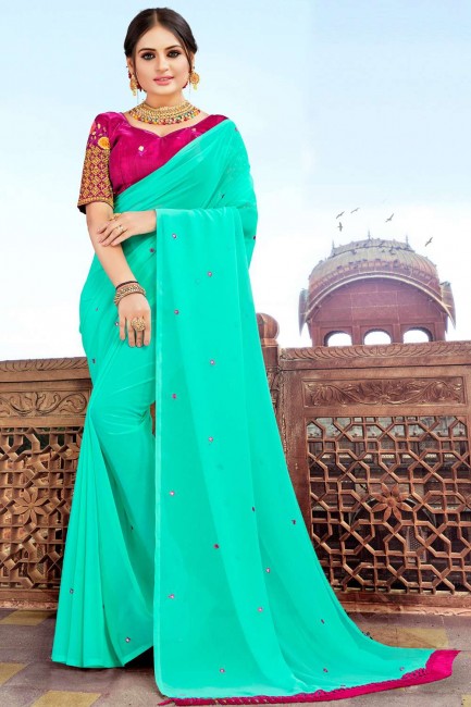 Georgette saree with Mirror,Embroidery Work in Turquoise