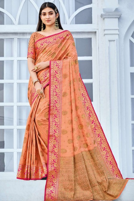 Cotton Handloom Designer Weaving Jari Work Orange saree with Blouse